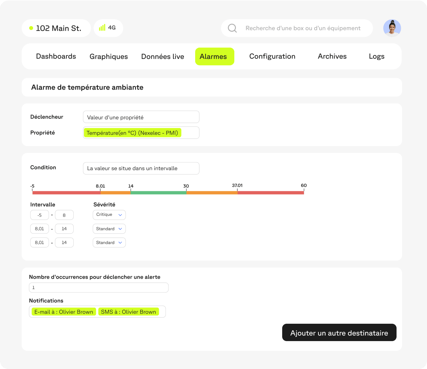 Aperçu de la fonctionnalité Alarmes de la console utilisateur de la solution Wattsense